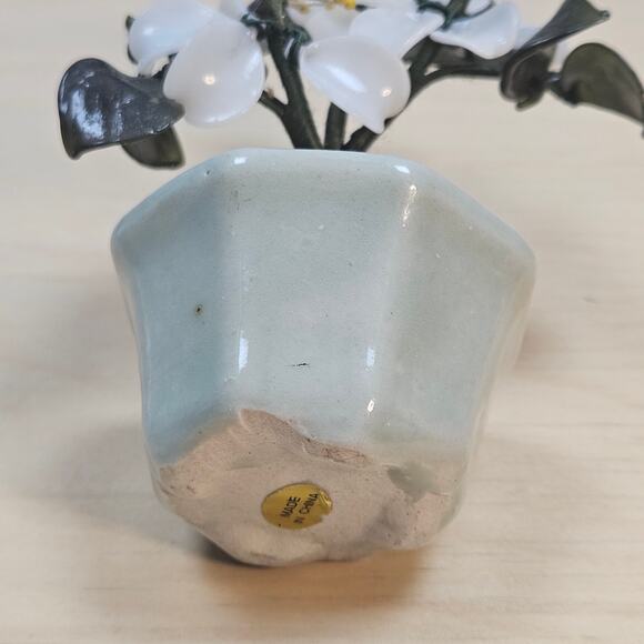 Rare VTG Chinese Art Glass Bonsai Tree Sculpture White Quince Flowers in Pot - Picture 5 of 7